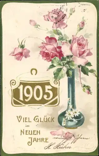 Präge Litho Glückwunsch Neujahr, Jahreszahl 1905, Rosen in einer Vase