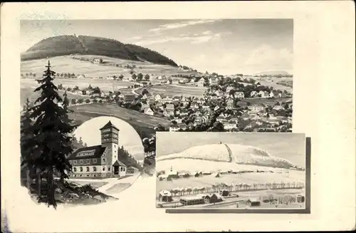 Künstler Ak Annaberg Buchholz Erzgebirge, Stadtpanorama mit dem Pöhlberg, Aussichtsturm, Winter