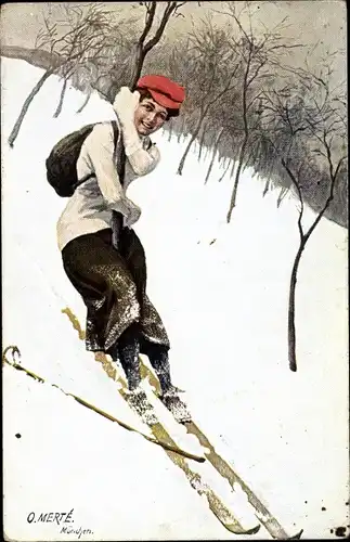 Künstler Ak Merté, Oskar, Frau auf Skiern, Auffahrunfall an einem Baum