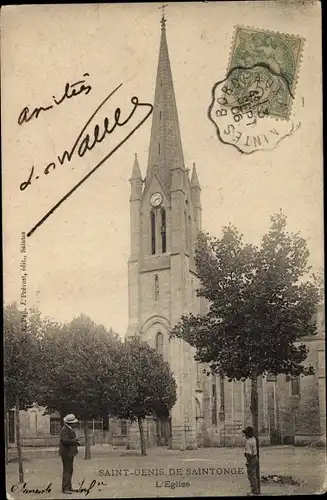 Ak Saint Genis de Saintonge Charente Maritime, L'Eglise, Straßenpartie mit Blick auf die Kirche