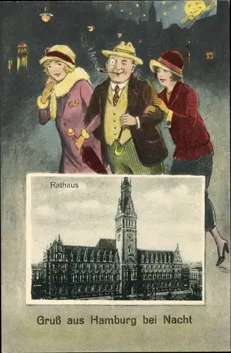 Passepartout Ak Hamburg Mitte Altstadt, Blick auf das Rathaus, Mann mit zwei jungen Frauen