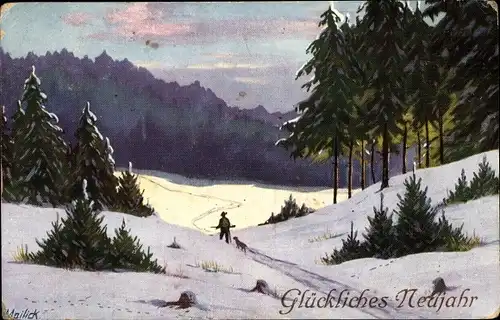 Künstler Ak Mailick, Glückwunsch Neujahr, Jäger mit Hund im Schnee, Wald