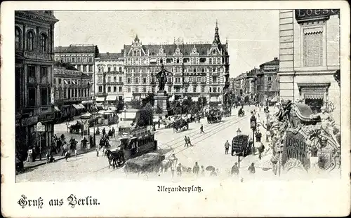 Ak Berlin Mitte, Partie am Alexanderplatz, Berolina Statue, Grand Hotel, Loeser & Wolf, Pferdebahn