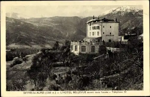 Ak Seyne Alpes de Haute Provence, Blick zum Hotel Bellevue, Gebirge