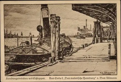 Künstler Ak Ullmann, Max, Hamburg Mitte St. Pauli, Landungsbrücke mit Schlepper