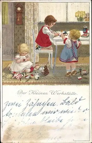 Künstler Ak Ebner, Pauli, Der Kleinen Werkstätte, Kinder mit Spielzeugen, Puppe, Teddybär