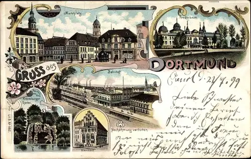 Litho Dortmund im Ruhrgebiet, Marktplatz, Fredenbaum, Bahnhof, Gildenhaus, Kronenburger Garten