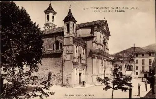 Ak L'Escarene Alpes Maritimes, Vue de la Place Carnot et l'Eglise