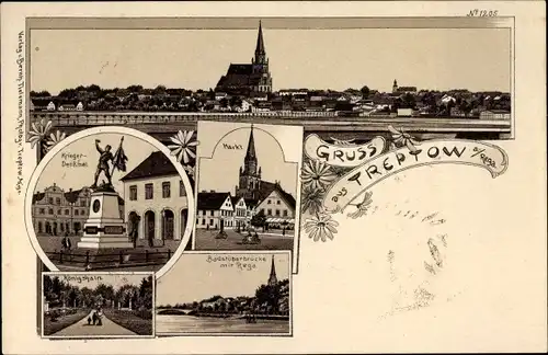 Litho Trzebiatów Treptow Rega Pommern, Kriegerdenkmal, Markt, Badstüberbrücke mit Rega