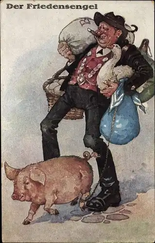 Künstler Ak Der Friedensengel, Schwabe mit einem Schwein, Gans, Eier, Säcke