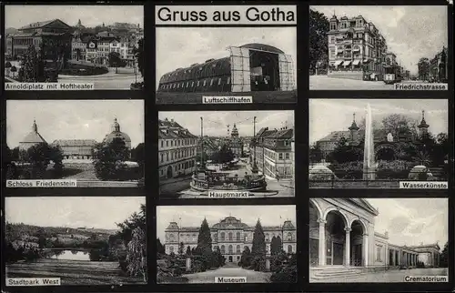 Ak Gotha im Thüringer Becken, Luftschiffhafen, Arnoldiplatz, Friedrichstraße, Krematorium