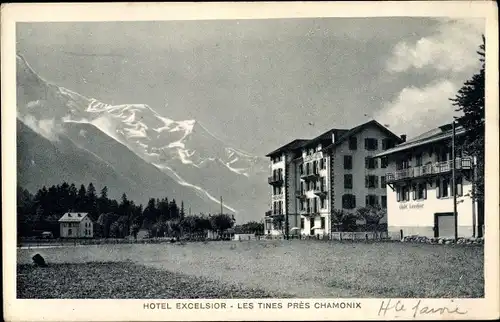 Ak Les Tines pres Chamonix Haute Savoie, Hotel Excelsior, Außenansicht, Berge