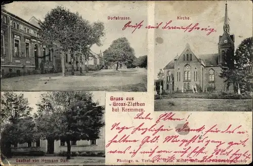 Ak Groß Ziethen Kremmen im Landkreis Oberhavel, Dorfstraße, Kirche, Gasthof Hermann Dam