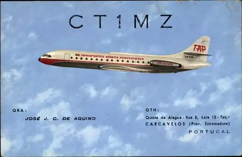Ak TAP Aereos Portugueses, Passagierflugzeug, Sud Aviation Caravelle, QSL Karte, CT1MZ