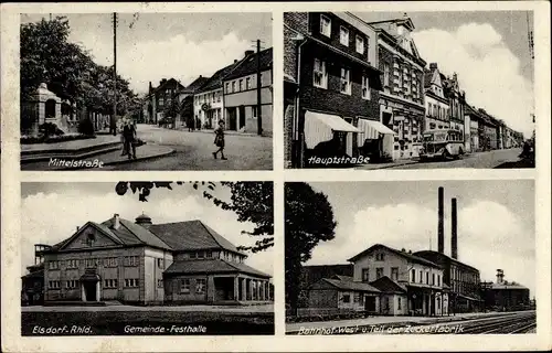 Ak Elsdorf im Rhein Erft Kreis, Mittelstraße, Hauptstraße, Gemeindefesthalle, Bahnhof, Zuckerfabrik