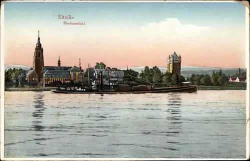 Ak Eltville am Rhein Hessen, Lastkahn auf dem Rhein, Türme der Stadt