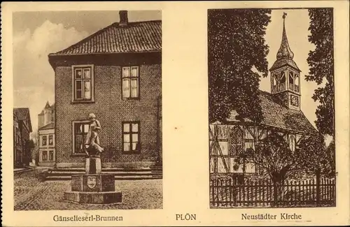 Ak Plön in Schleswig Holstein, Gänselieselbrunnen, Neustädter Kirche