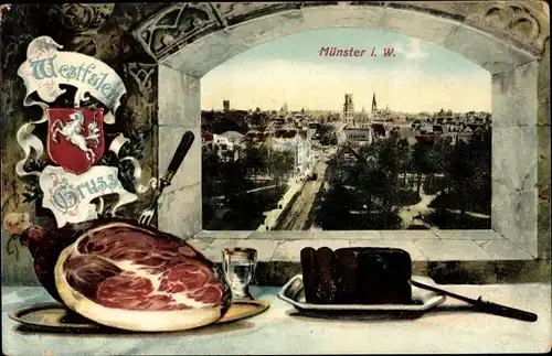 Passepartout Ak Münster in Westfalen, Teilansicht der Stadt, Schinken, Pumpernickel, Wappen
