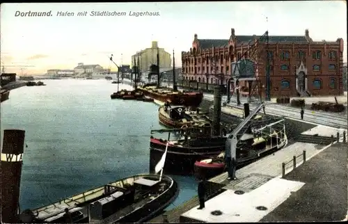 Ak Dortmund im Ruhrgebiet, Hafen mit Städtischen Lagerhaus, Kräne 