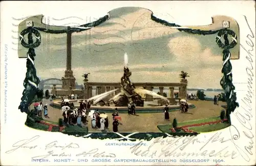 Passepartout Litho Düsseldorf am Rhein, Kunst- und Gartenbauausstellung 1904, Centaurengruppe