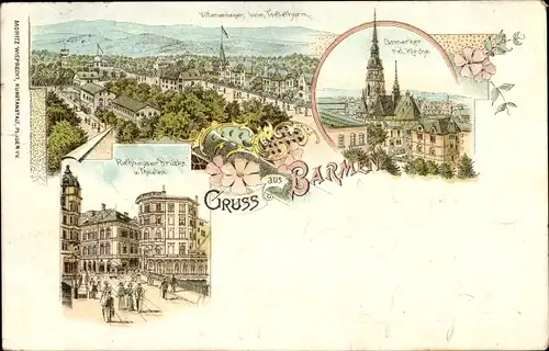 Litho Barmen Wuppertal in Nordrhein Westfalen, Rathäuser Brücke, Theater, Villenanlagen, Kirche