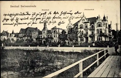 Ak Świnoujście Swinemünde Pommern, Seeschloss und Dünenschloss, Villen, Strandpromenade