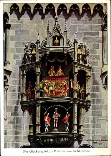 Künstler Ak Friedrich, Ulrich, München Bayern, Das Glockenspiel am Rathausturm