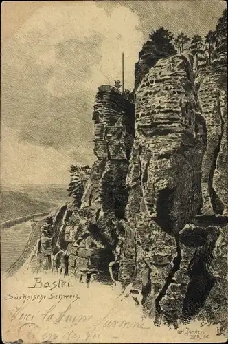 Künstler Ak Jander, Carl, Lohmen im Elbsandsteingebirge, Ansicht vom Basteifelsen