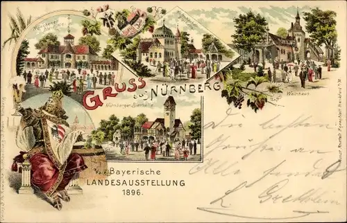 Litho Nürnberg in Mittelfranken Bayern, Bayer. Landesausstellung 1896, Bierhallen, Weinhaus