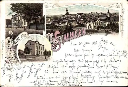 Litho Simmern im Rhein Hunsrück Kreis, Postamt, Totalansicht, Kreishaus