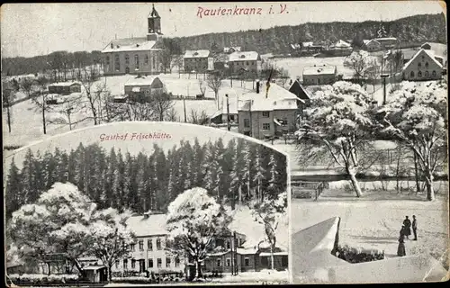 Ak Morgenröthe Rautenkranz Muldenhammer im Vogtland, Ort im Winter, Gasthof Frischhütte