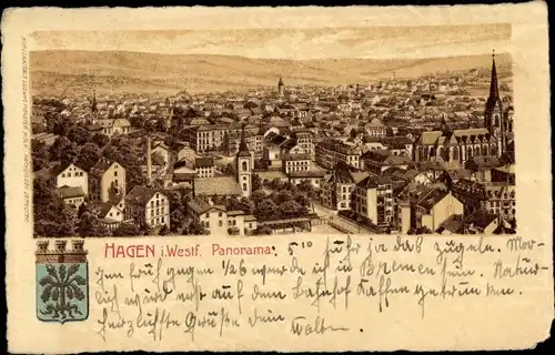 Wappen Litho Hagen in Westfalen Ruhrgebiet, Panorama der Stadt