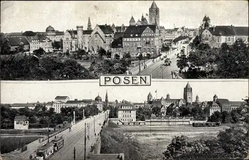 Ak Poznań Posen, An der Schlossbrücke, Theaterbrücke mit Straßenbahn