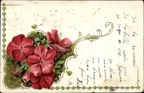 Jugendstil Präge Litho Rote Blüten, Blumen, Kitsch