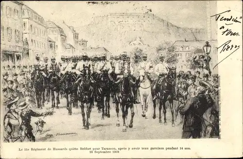 Künstler Ak Belfort Territoire de Belfort, 11e Régiment de Hussards, 28. Septembre 1902