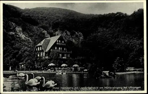 Ak Uftrungen Südharz, Hotel Heimkehle mit Landschaftsbild am Höhleneingang 