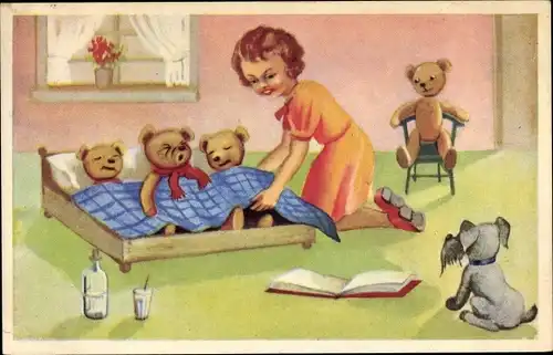 Ak Mädchen spielt mit Teddybären, Hund, Bett, Buch