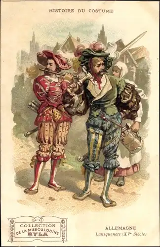 Litho Histoire du Costume, Musculosine Byla, Allemagne, Lansquenets, XVe Siècle