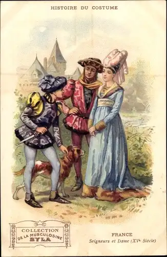 Litho Histoire du Costume, Musculosine Byla, France, Seigneurs et Dame, XVe Siècle