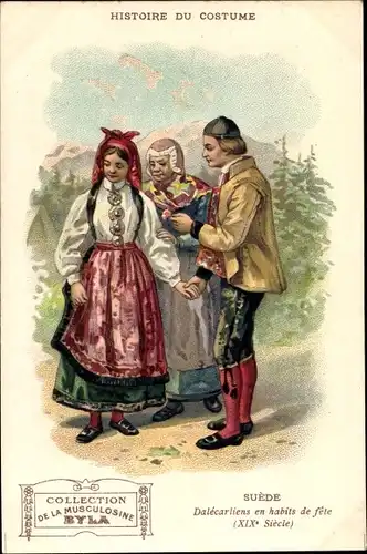 Litho Histoire du Costume, Musculosine Byla, Suède, Dalécarliens en habits de fête, XIXe Siècle