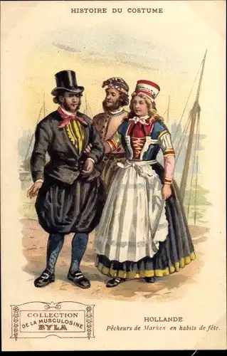 Litho Histoire du Costume, Musculosine Byla, Hollande, Pêcheurs de Marken en habits de fête