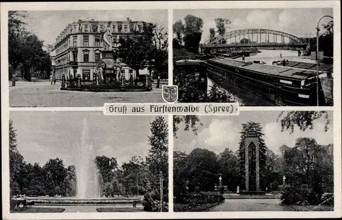 Ak Fürstenwalde an der Spree, Stadtansichten, Denkmal, Lastkähne, Brücke, Wappen