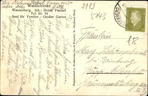 Ak Wassenberg in Nordrhein Westfalen, Waldschenke, Inh. Heinrich Fischer, Innenansicht, Piano