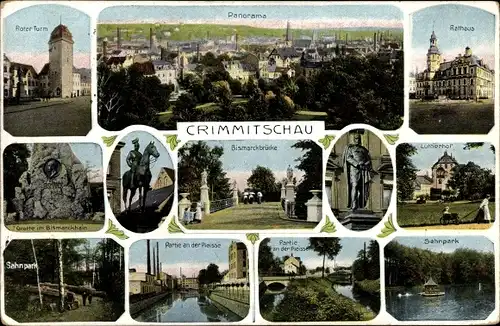 Ak Crimmitschau in Sachsen, Sahnpark, Rathaus Lutherhof, Bismarckhein, Roter Turm, Stadtpanorama
