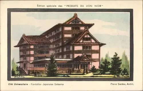 Künstler Ak Paris, Cité Universitaire, Fondation Japonaise Satsuma, Sardou, Produits du Lion Noir