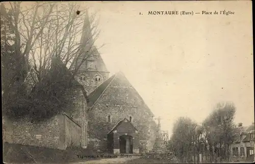 Ak Montaure Eure, Place de l'Église, Blick auf die Kirche