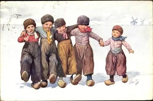 Künstler Ak Feiertag, Karl, Niederländische Trachten, Kinder mit Pfeifen, Windmühlen, BKWI 343/2