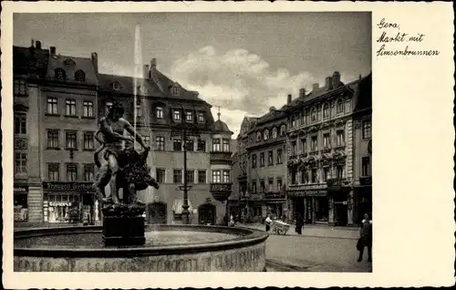 Ak Gera in Thüringen, Markt mit Simsonbrunnen, Geschäfte
