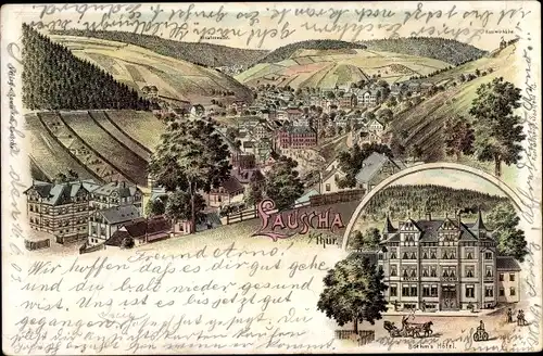 Litho Lauscha in Thüringen, Boehm's Hotel, Panorama mit Kroatenwacht und Kasimirhöhe