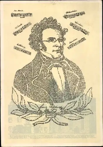 Künstler Ak Franz Schubert, Österreichischer Komponist, Portrait aus Schriftzeichen